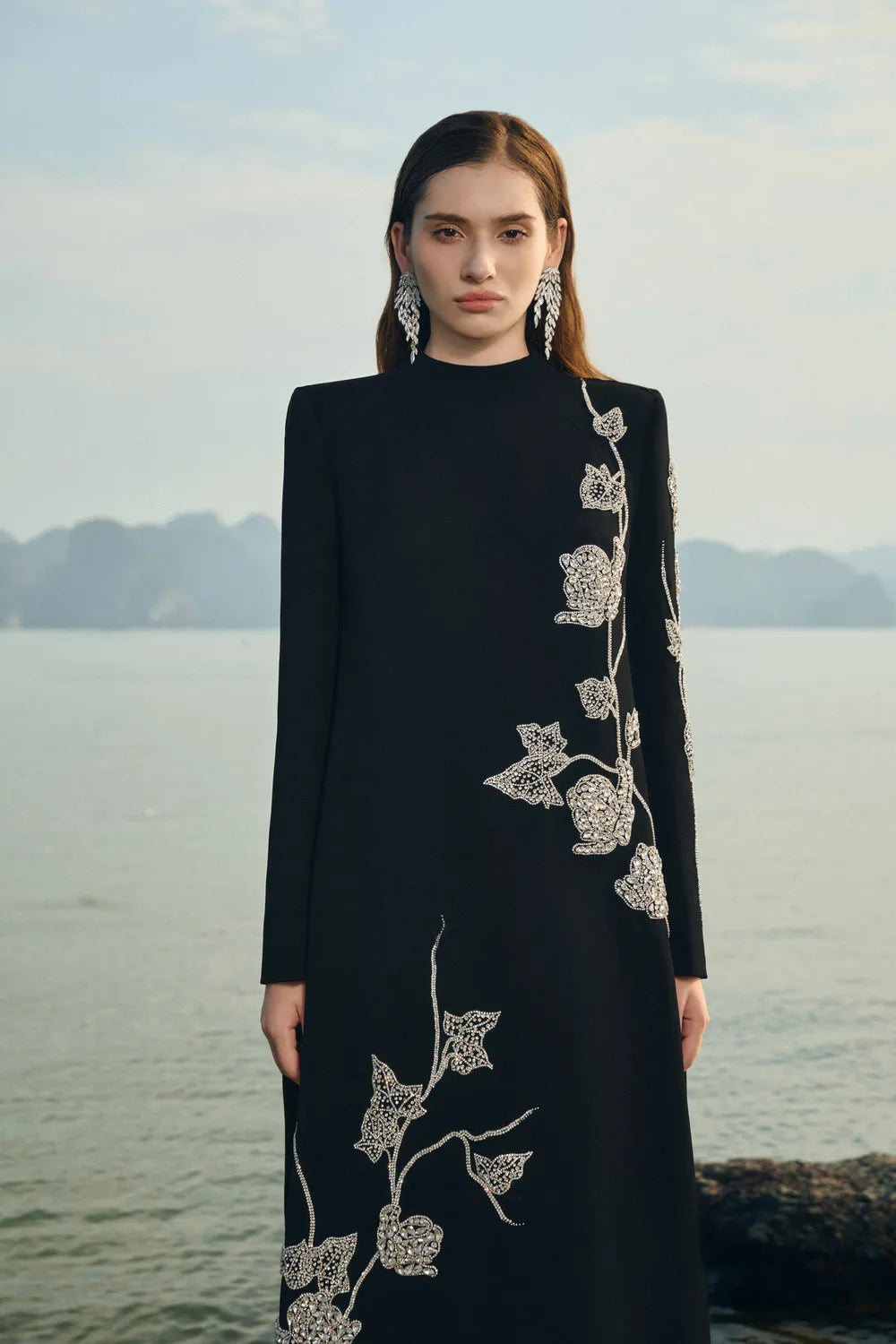 High Neck Symmetric Crystal Embellished Dress