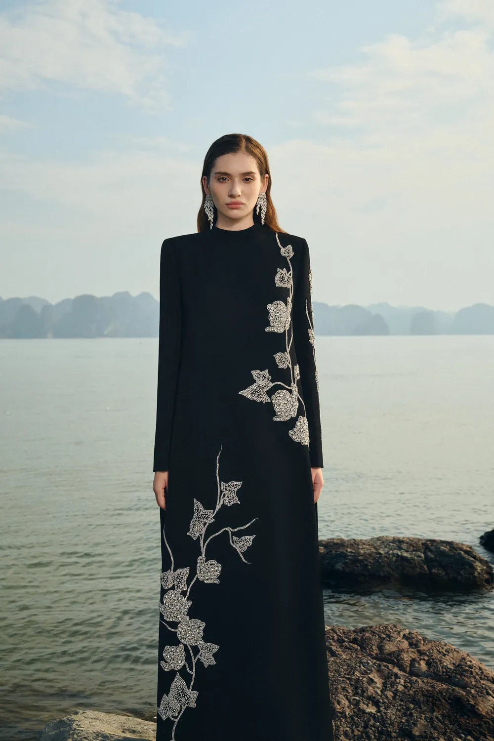 High Neck Symmetric Crystal Embellished Dress