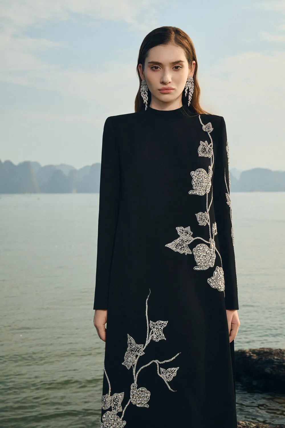 High Neck Symmetric Crystal Embellished Dress