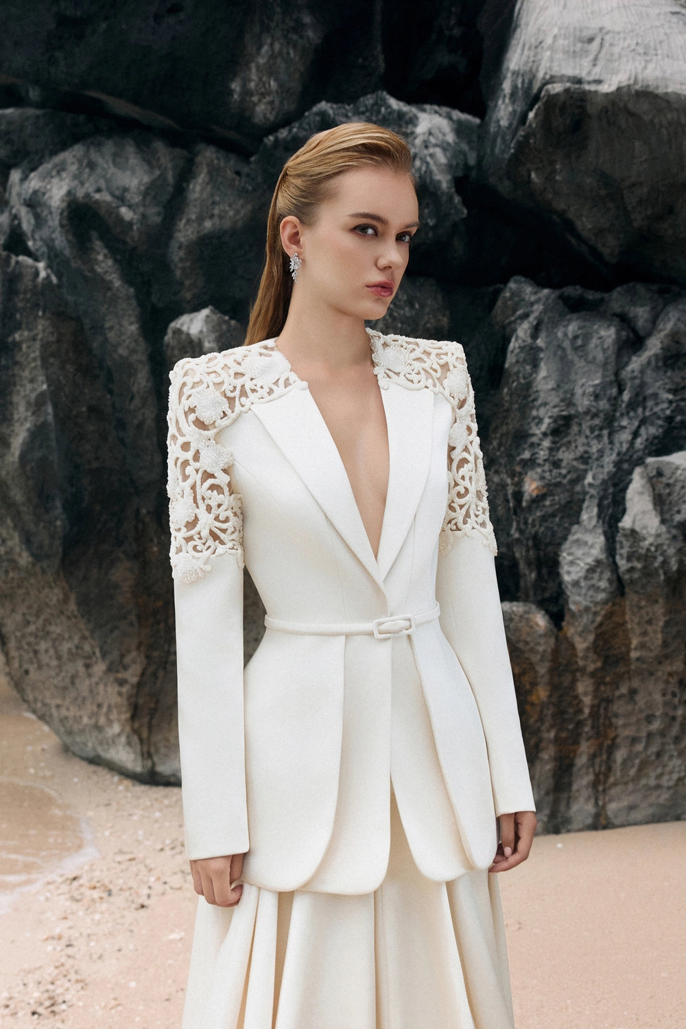 Double Hem Flap Blazer With Box Pleated Flared Skirt Set