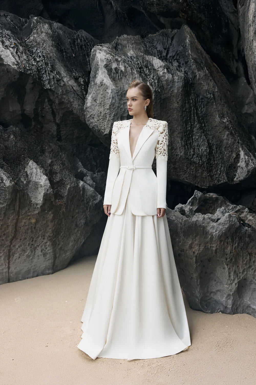 Double Hem Flap Blazer With Box Pleated Flared Skirt Set