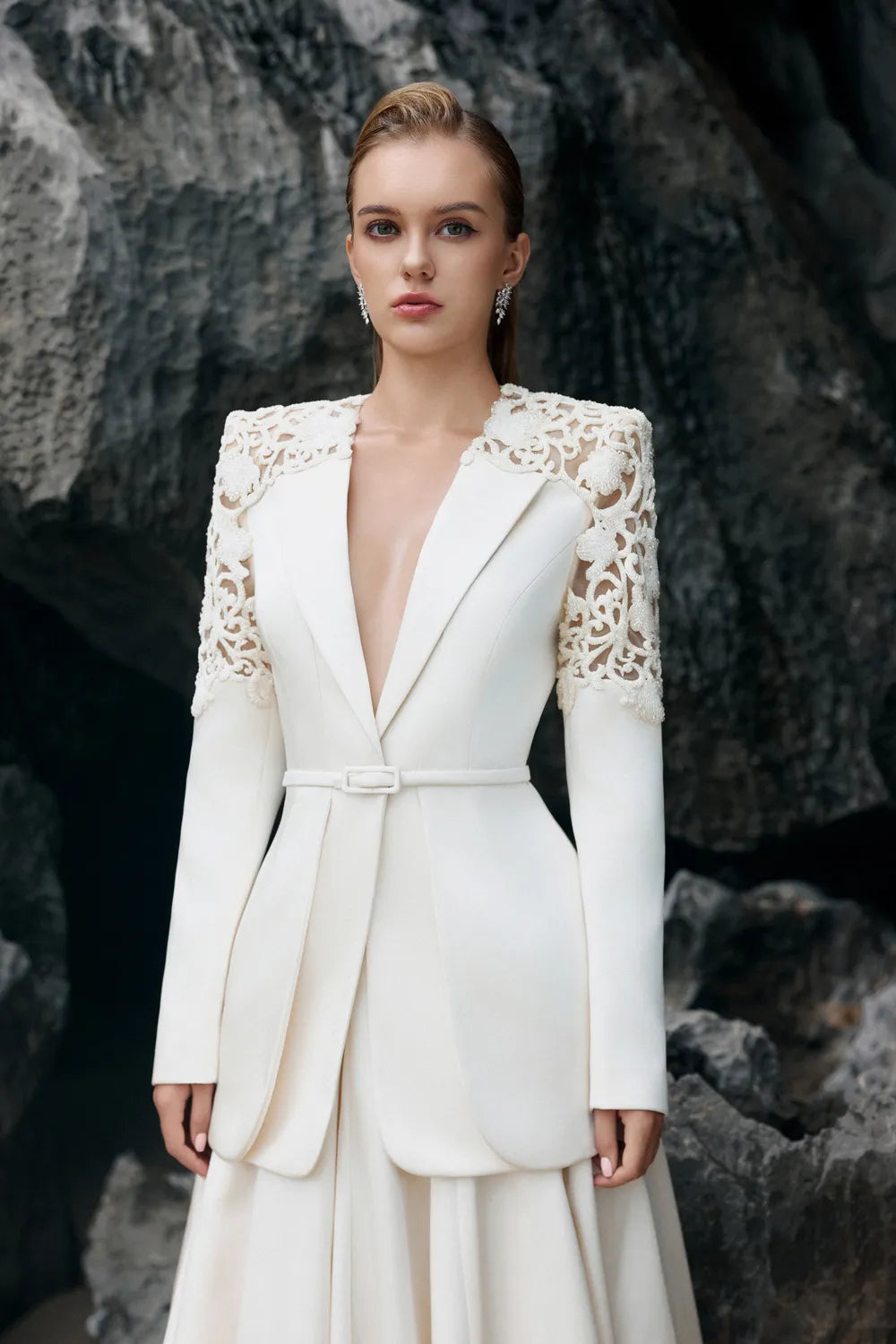 Double Hem Flap Blazer With Box Pleated Flared Skirt Set