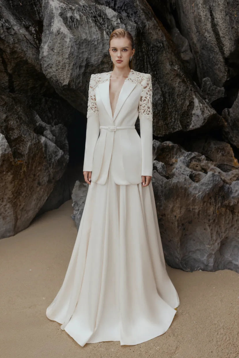 Double Hem Flap Blazer With Box Pleated Flared Skirt Set