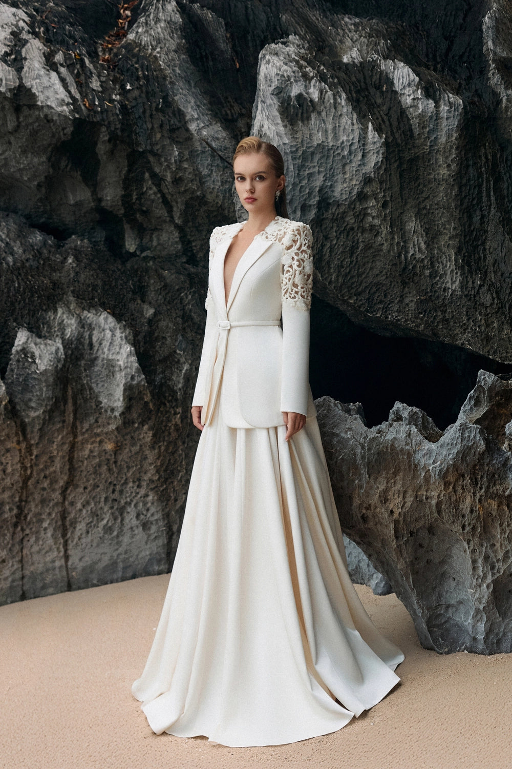 Double Hem Flap Blazer With Box Pleated Flared Skirt Set