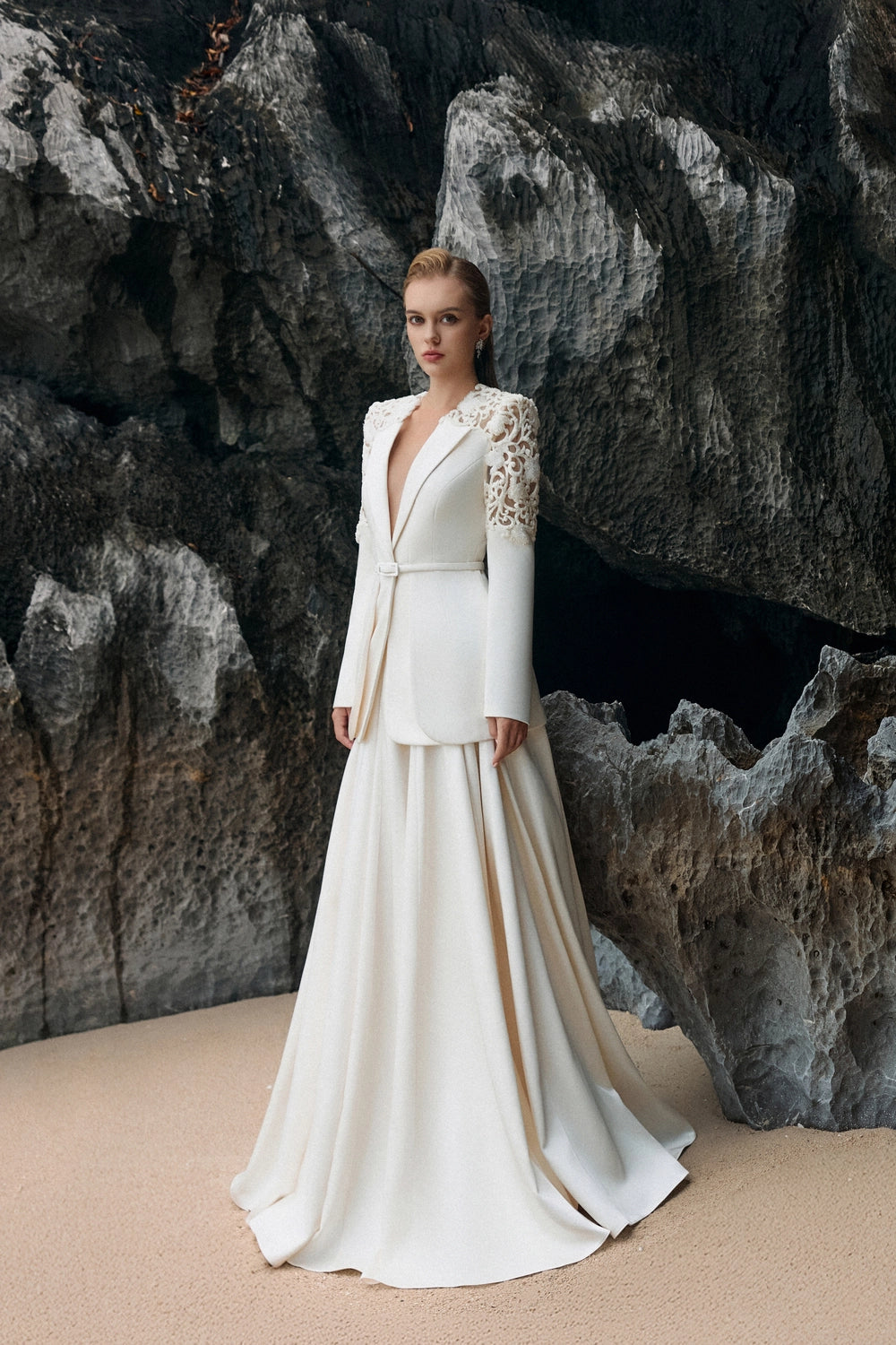 Double Hem Flap Blazer With Box Pleated Flared Skirt Set