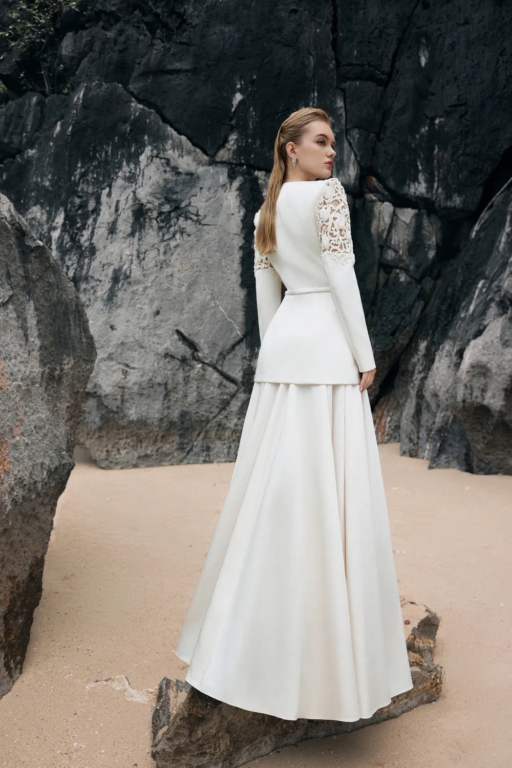 Double Hem Flap Blazer With Box Pleated Flared Skirt Set