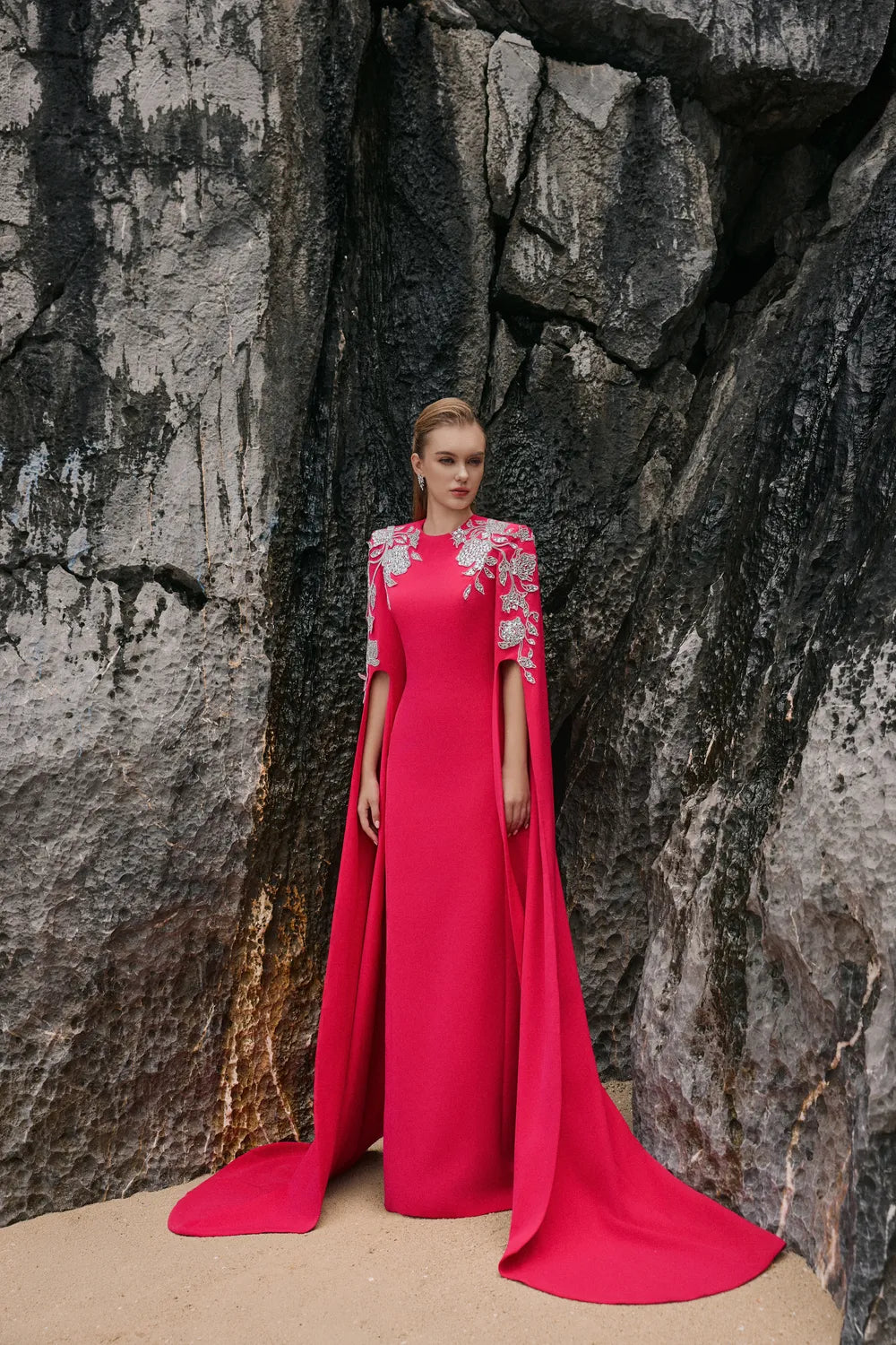 Symmetric Floral Embellished Cape Sleeves Dress