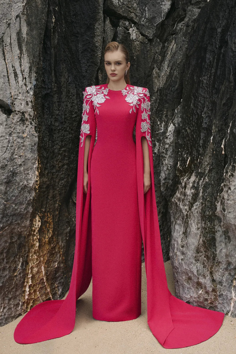 Symmetric Floral Embellished Cape Sleeves Dress