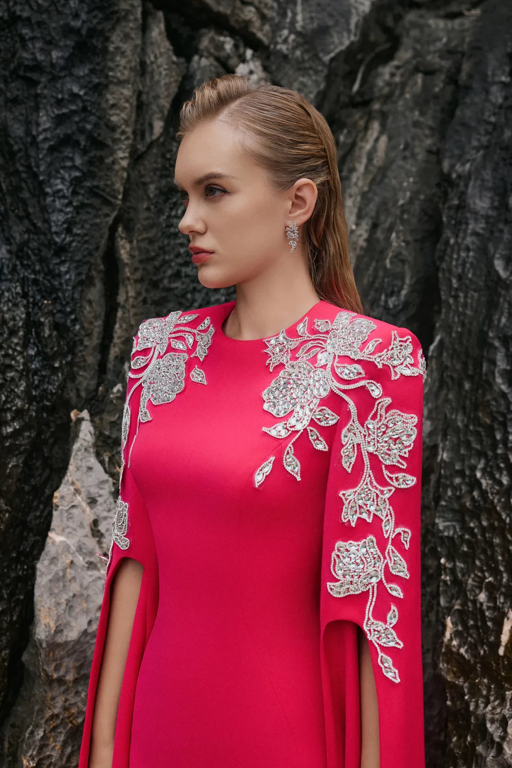 Symmetric Floral Embellished Cape Sleeves Dress