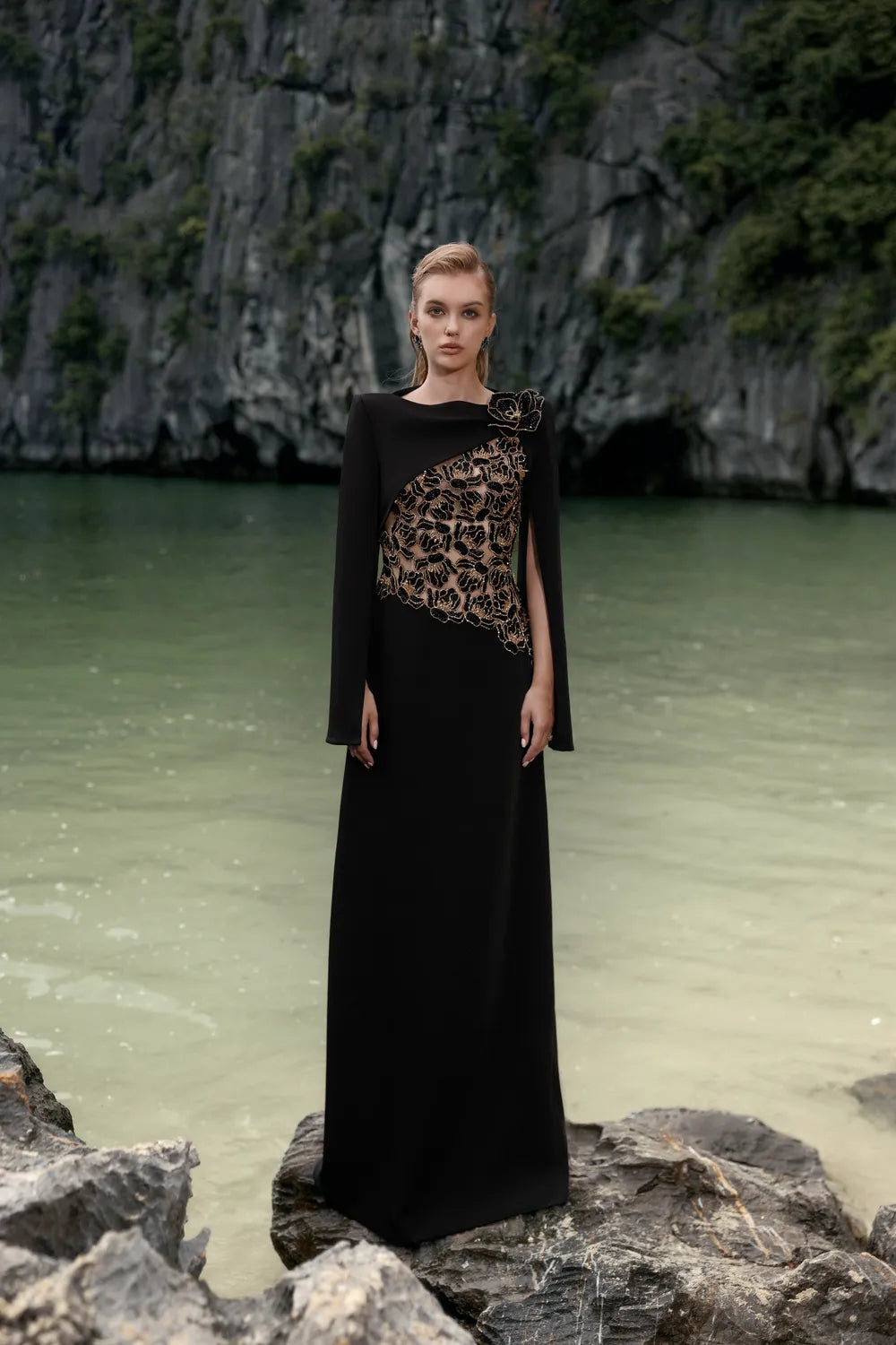 Floral Embellished Cape Sleeves Straight Dress