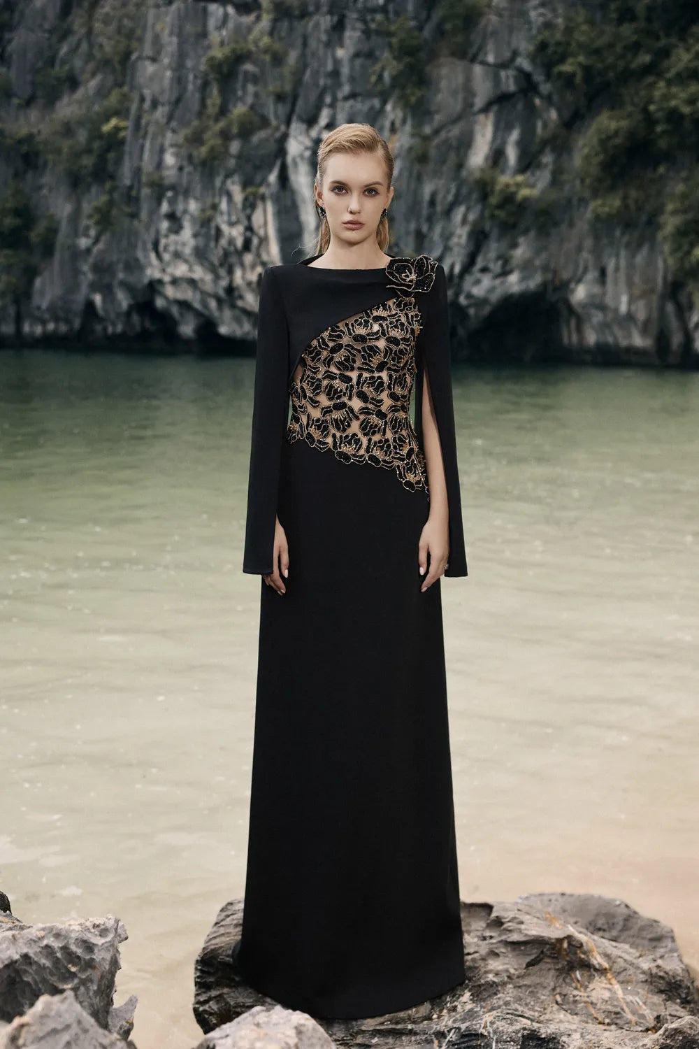 Floral Embellished Cape Sleeves Straight Dress