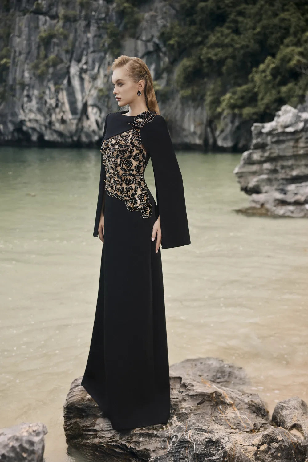 Floral Embellished Cape Sleeves Straight Dress