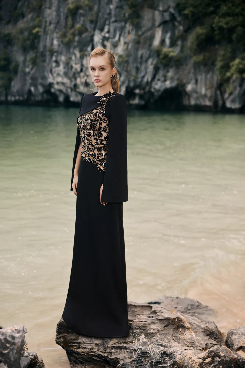 Floral Embellished Cape Sleeves Straight Dress