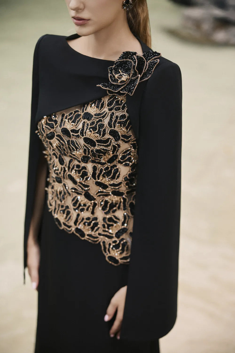 Floral Embellished Cape Sleeves Straight Dress