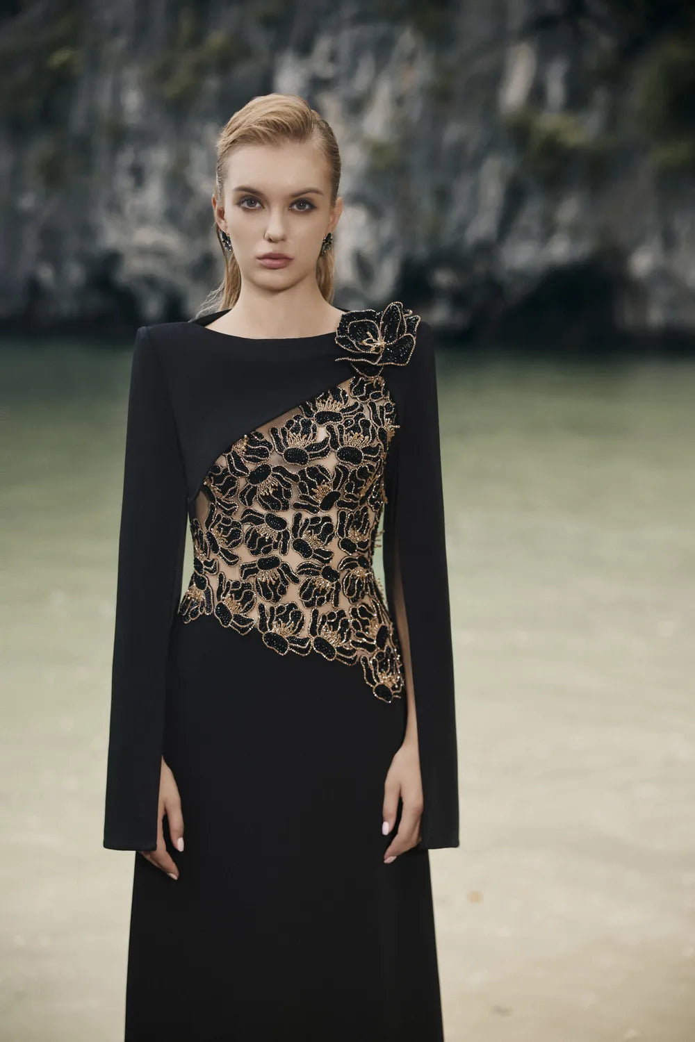 Floral Embellished Cape Sleeves Straight Dress