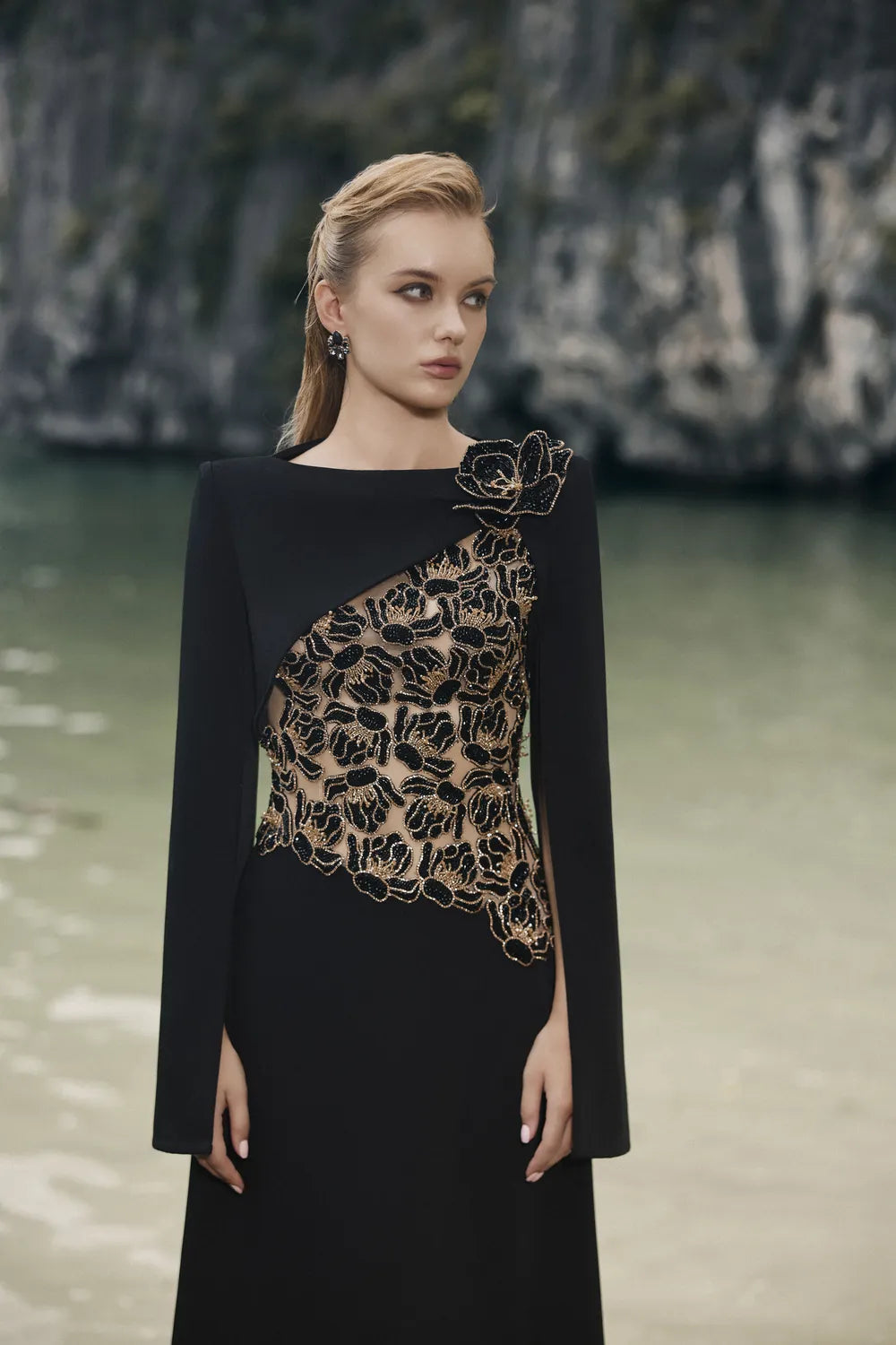 Floral Embellished Cape Sleeves Straight Dress