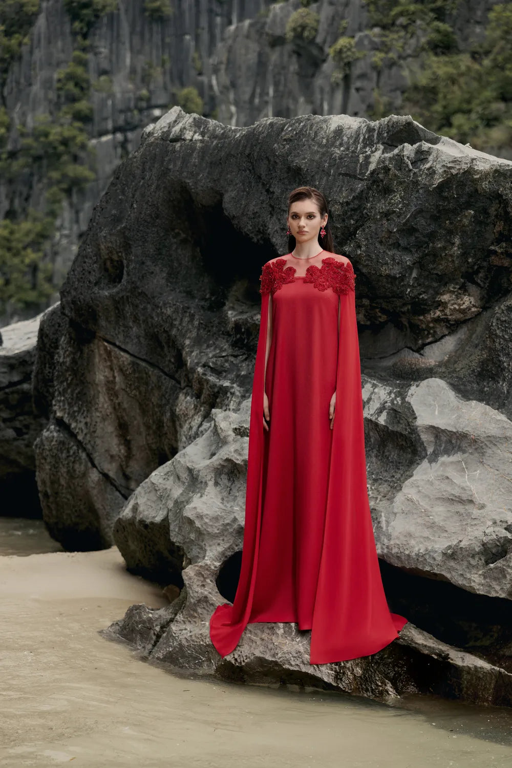 See-Through Shoulder With Symmetric Floral Embellished Dress