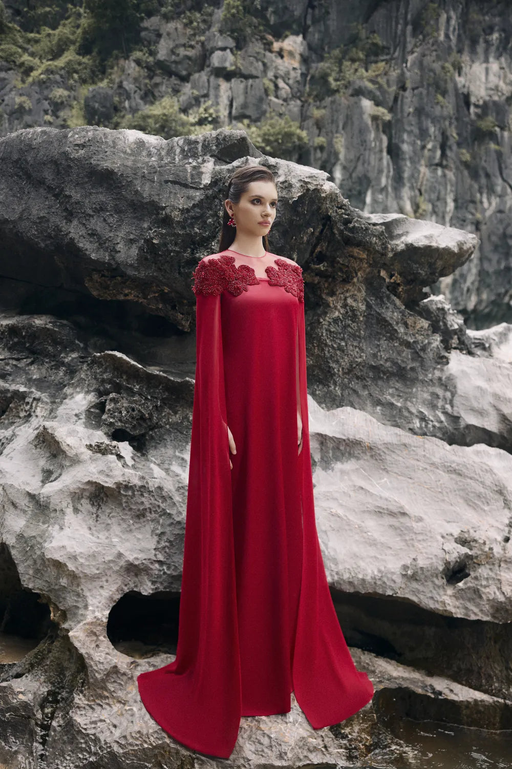 See-Through Shoulder With Symmetric Floral Embellished Dress