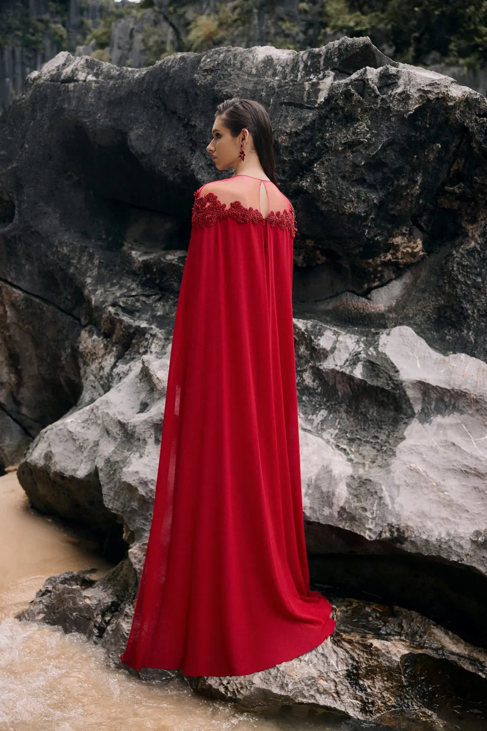 See-Through Shoulder With Symmetric Floral Embellished Dress