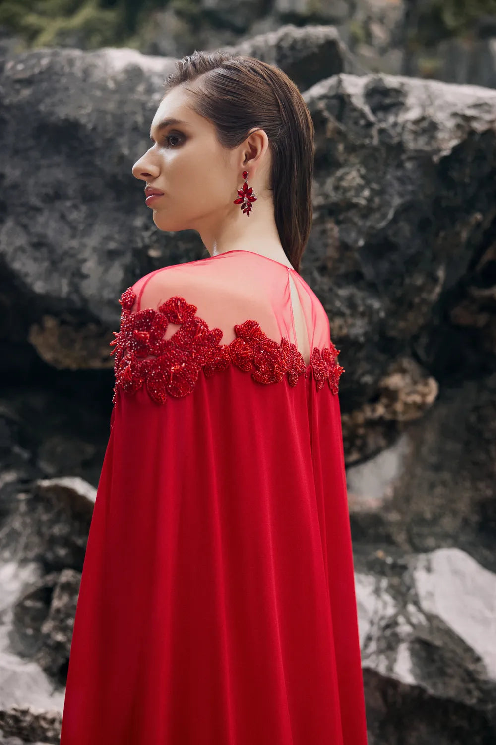 See-Through Shoulder With Symmetric Floral Embellished Dress