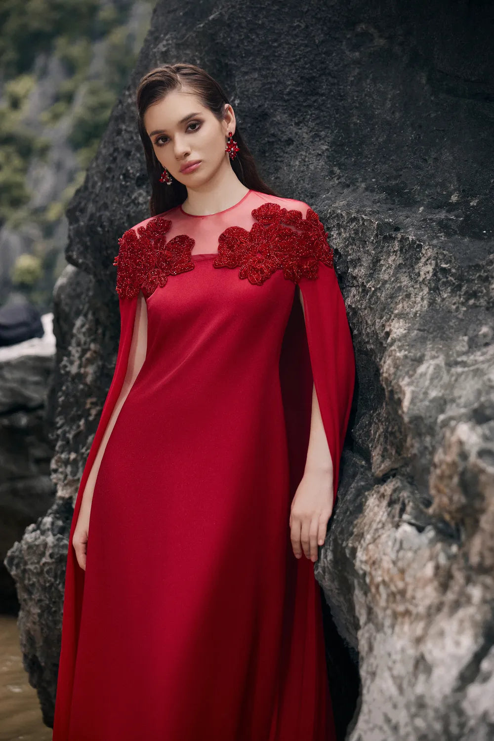 See-Through Shoulder With Symmetric Floral Embellished Dress