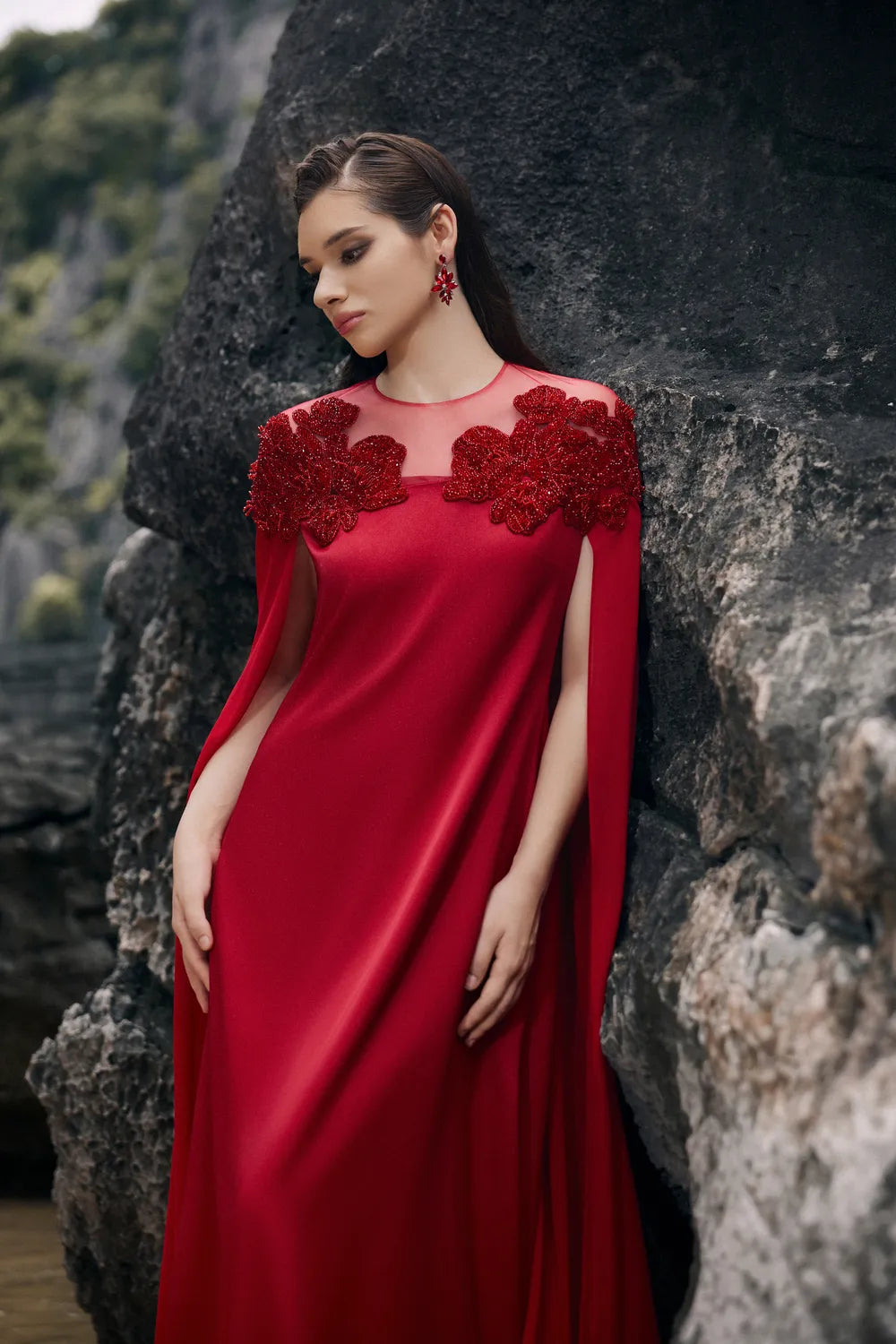 See-Through Shoulder With Symmetric Floral Embellished Dress