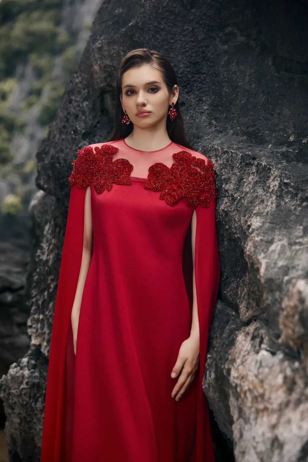 See-Through Shoulder With Symmetric Floral Embellished Dress