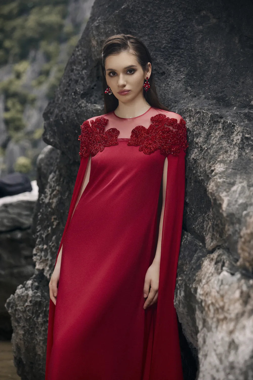 See-Through Shoulder With Symmetric Floral Embellished Dress