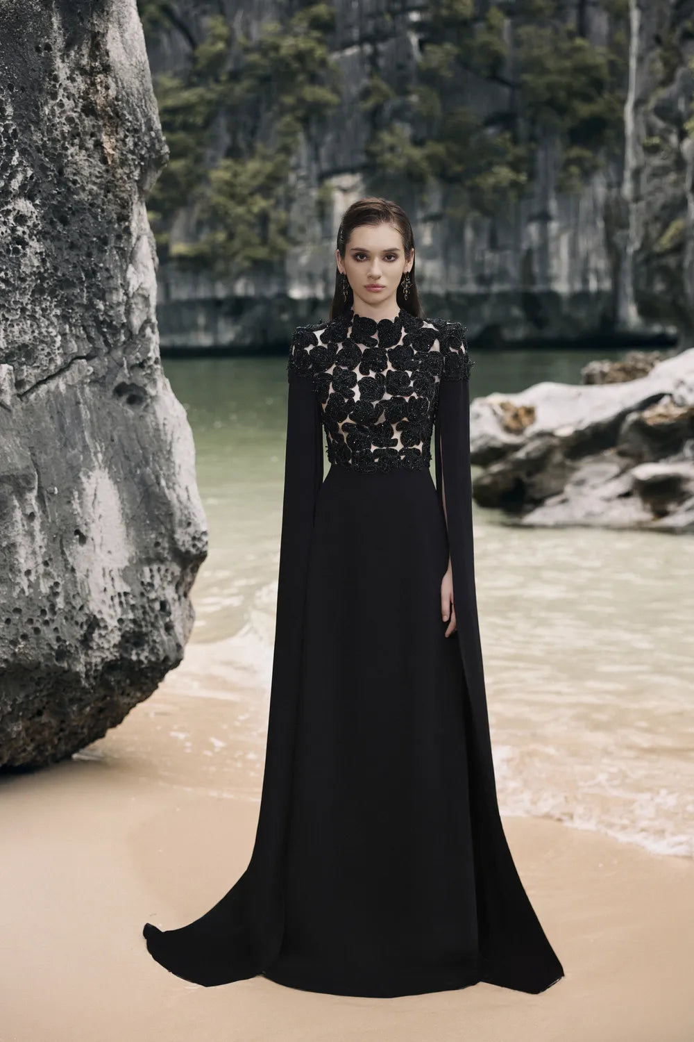 High Neck Cape Sleeves Floral Dress