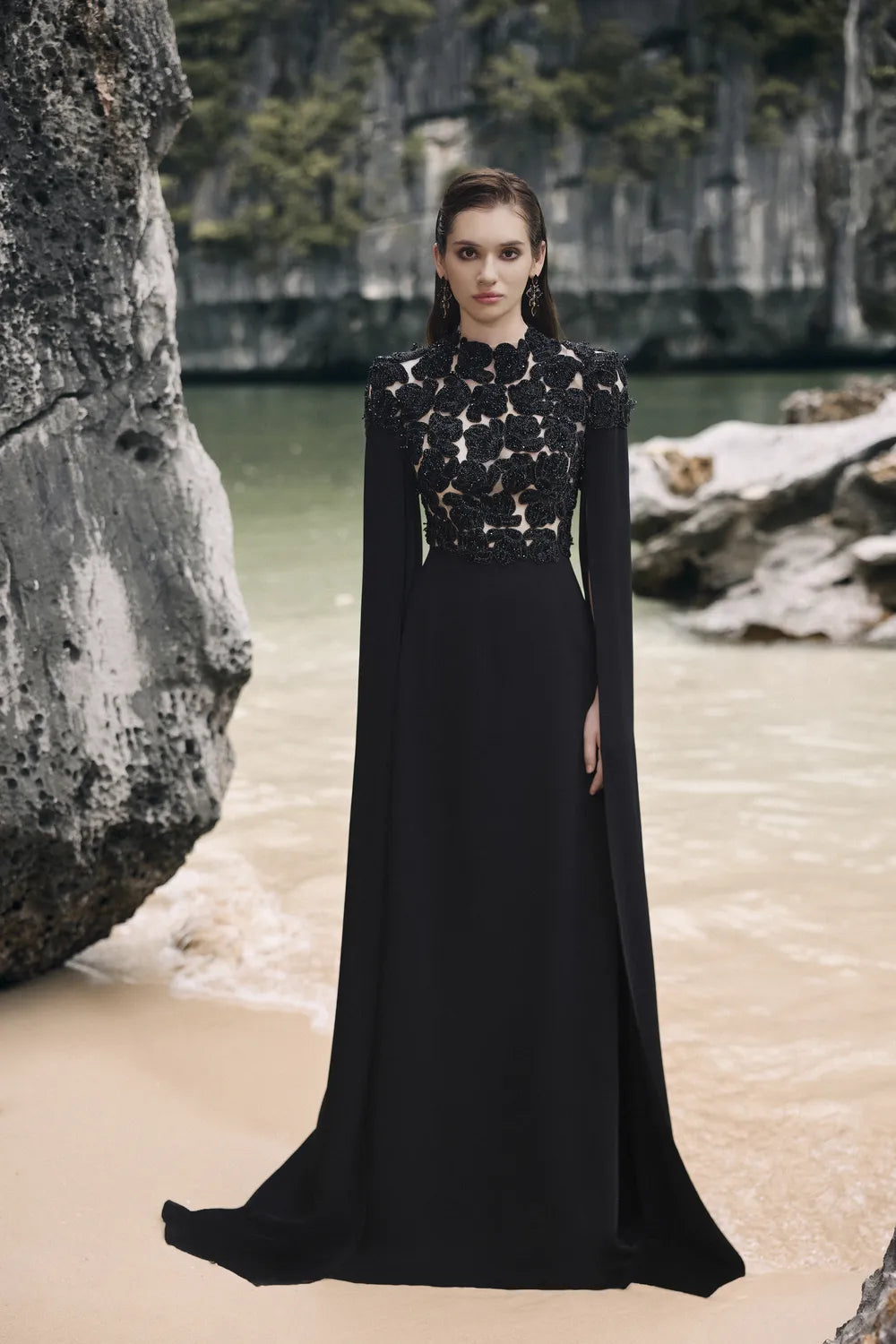 High Neck Cape Sleeves Floral Dress LUNE DE SOIE High Neck Cape Sleeves Floral Dress LUNE DE SOIE