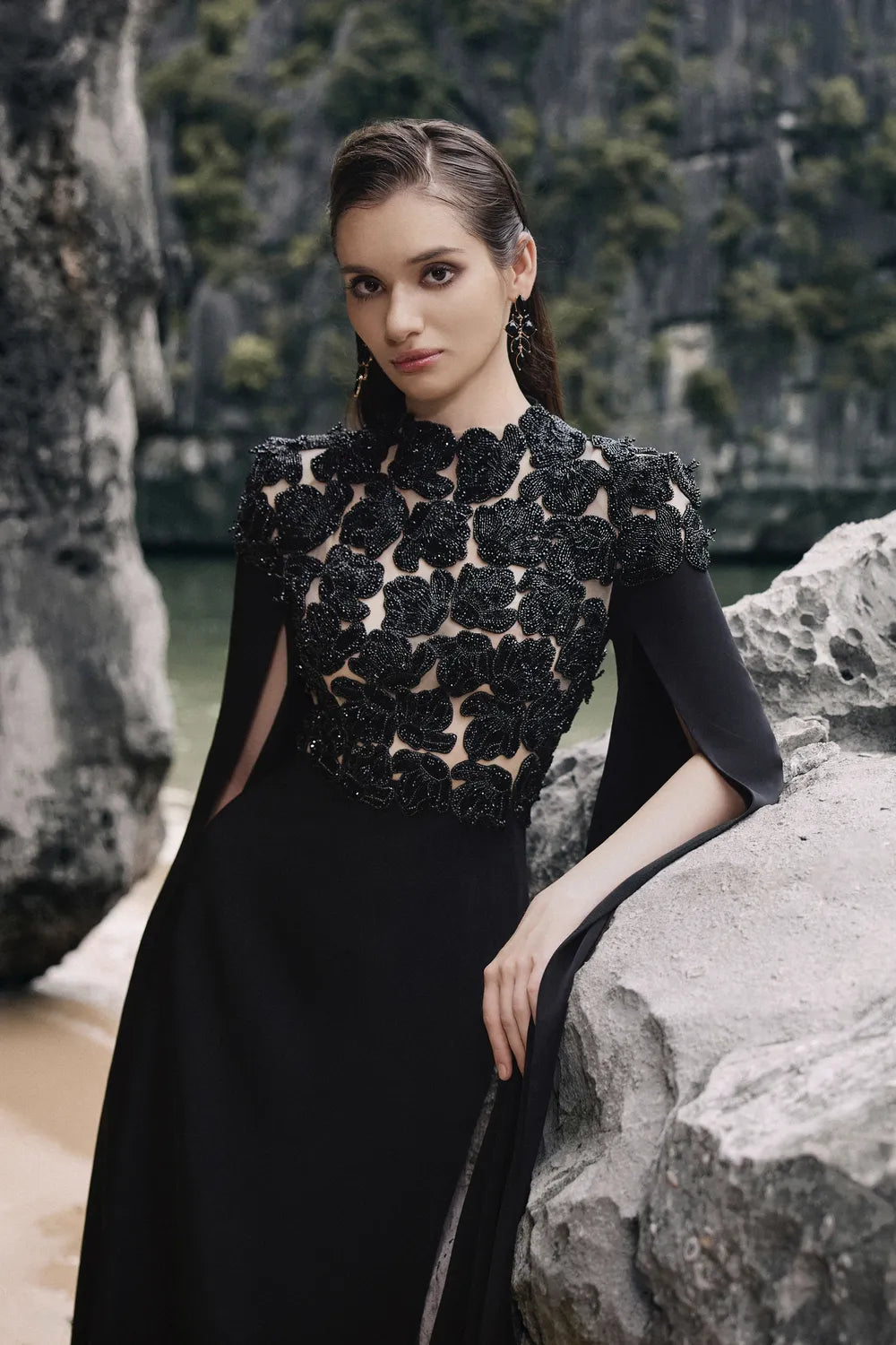 High Neck Cape Sleeves Floral Dress