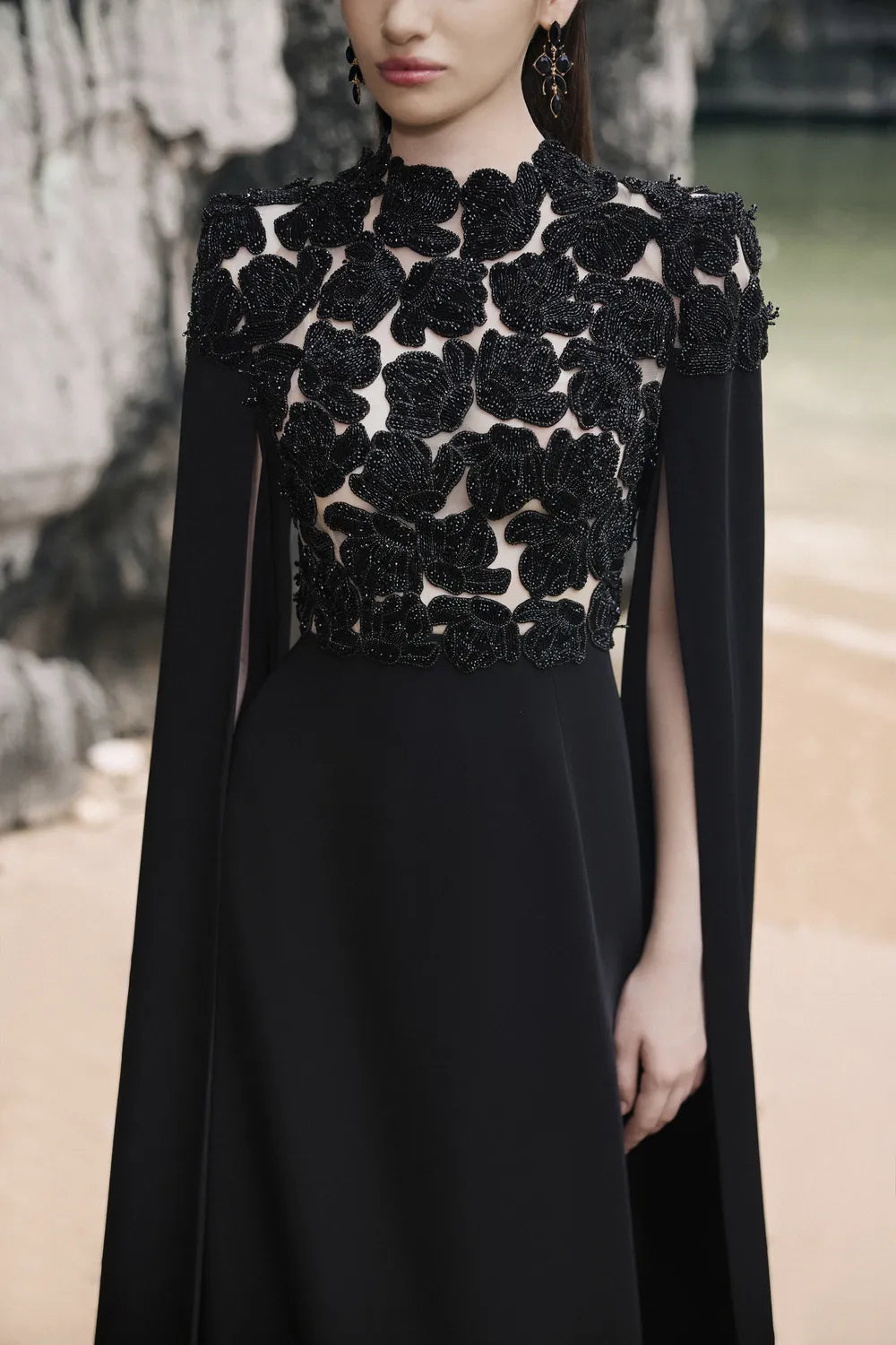 High Neck Cape Sleeves Floral Dress
