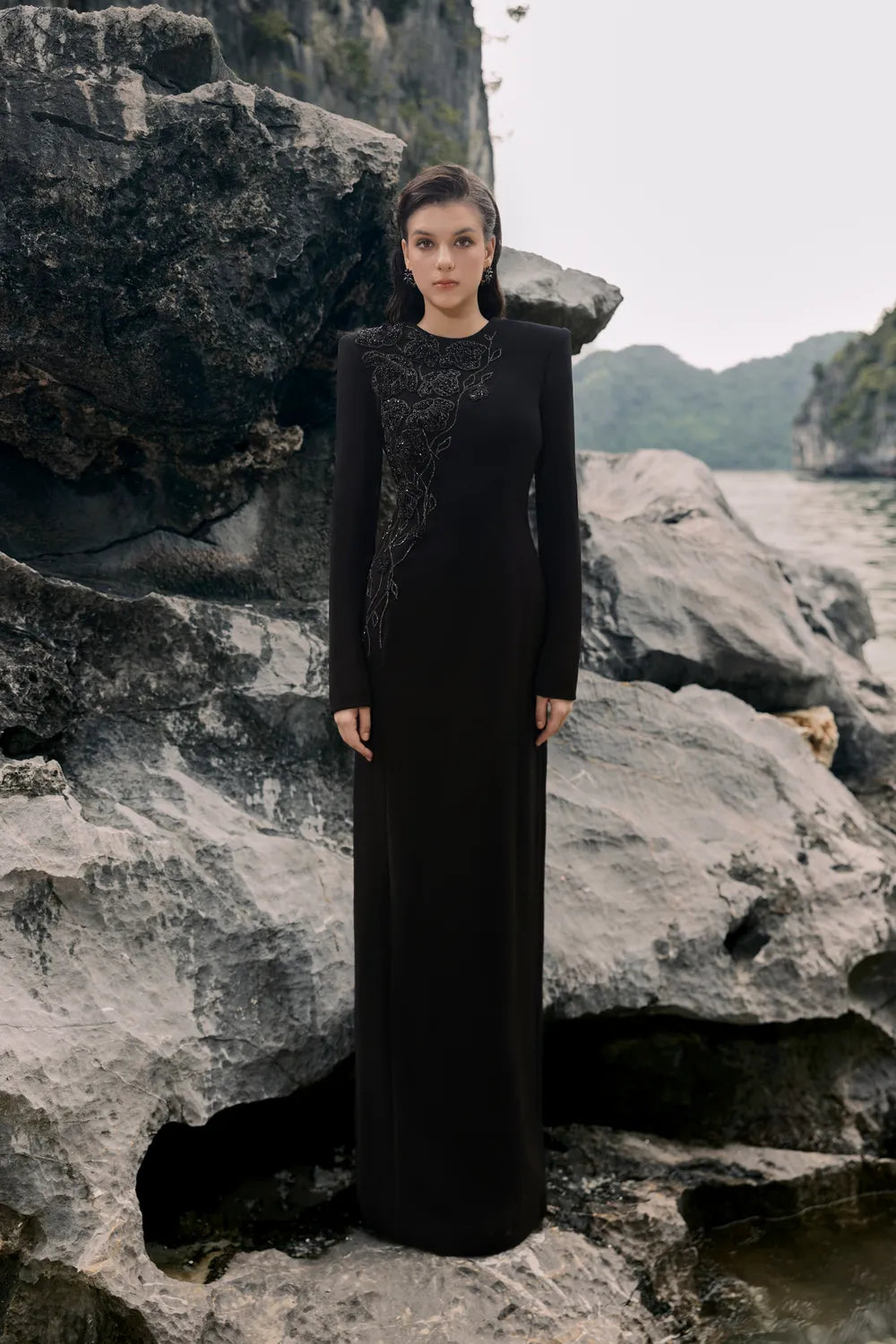 Round Neck Sided Floral Embellished Dress