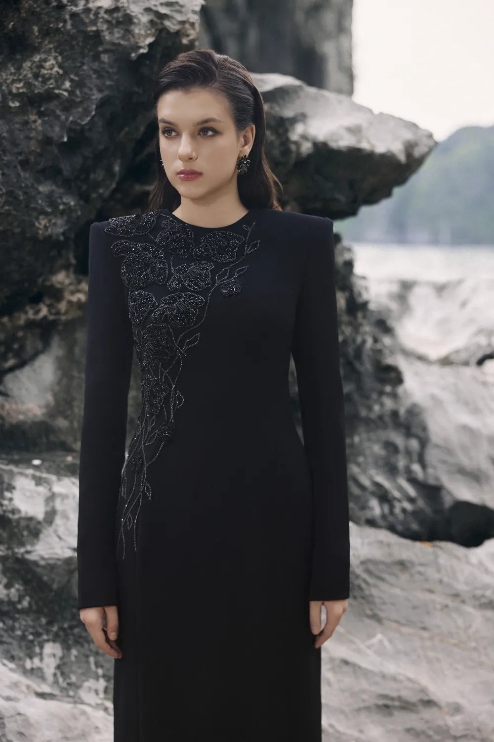 Round Neck Sided Floral Embellished Dress