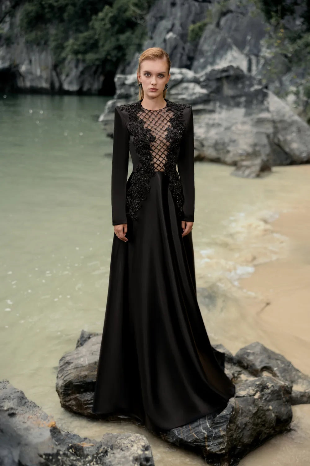 See-through Fishnet Chest Flared Dress