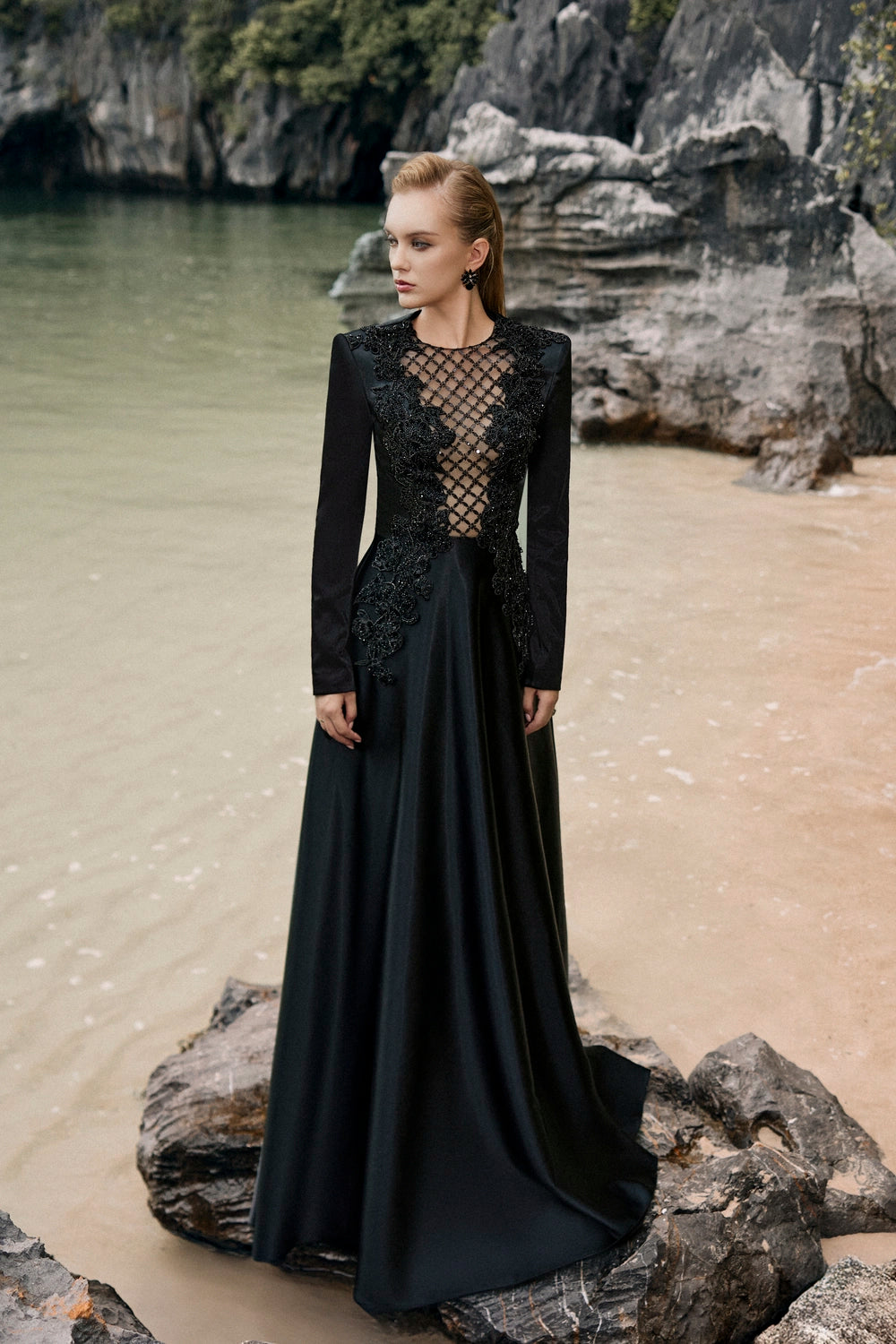 See-through Fishnet Chest Flared Dress