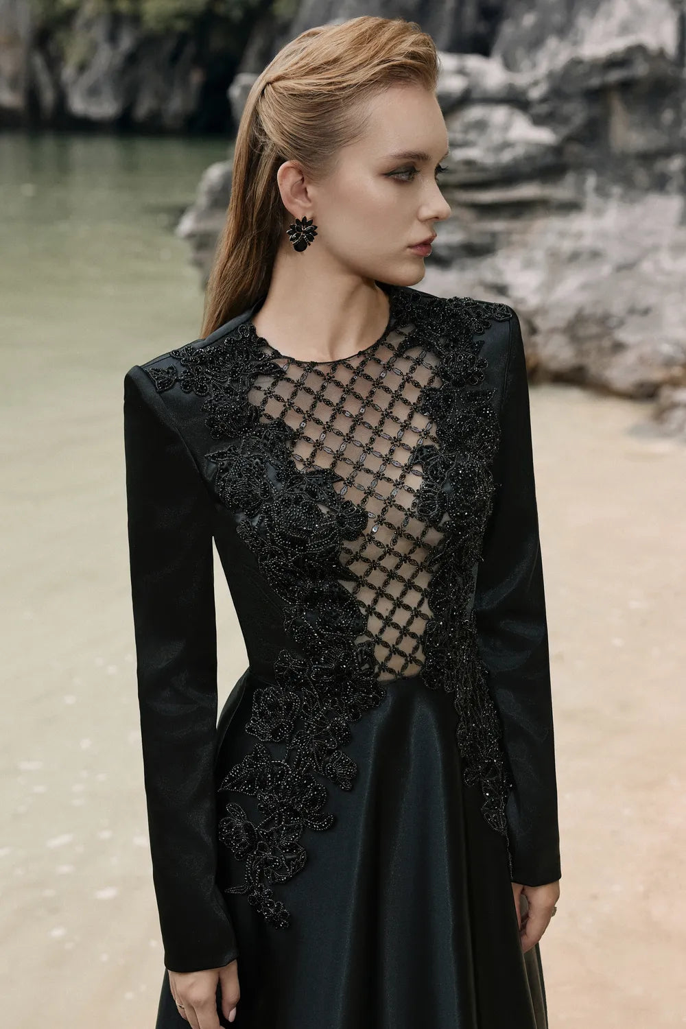 See-through Fishnet Chest Flared Dress