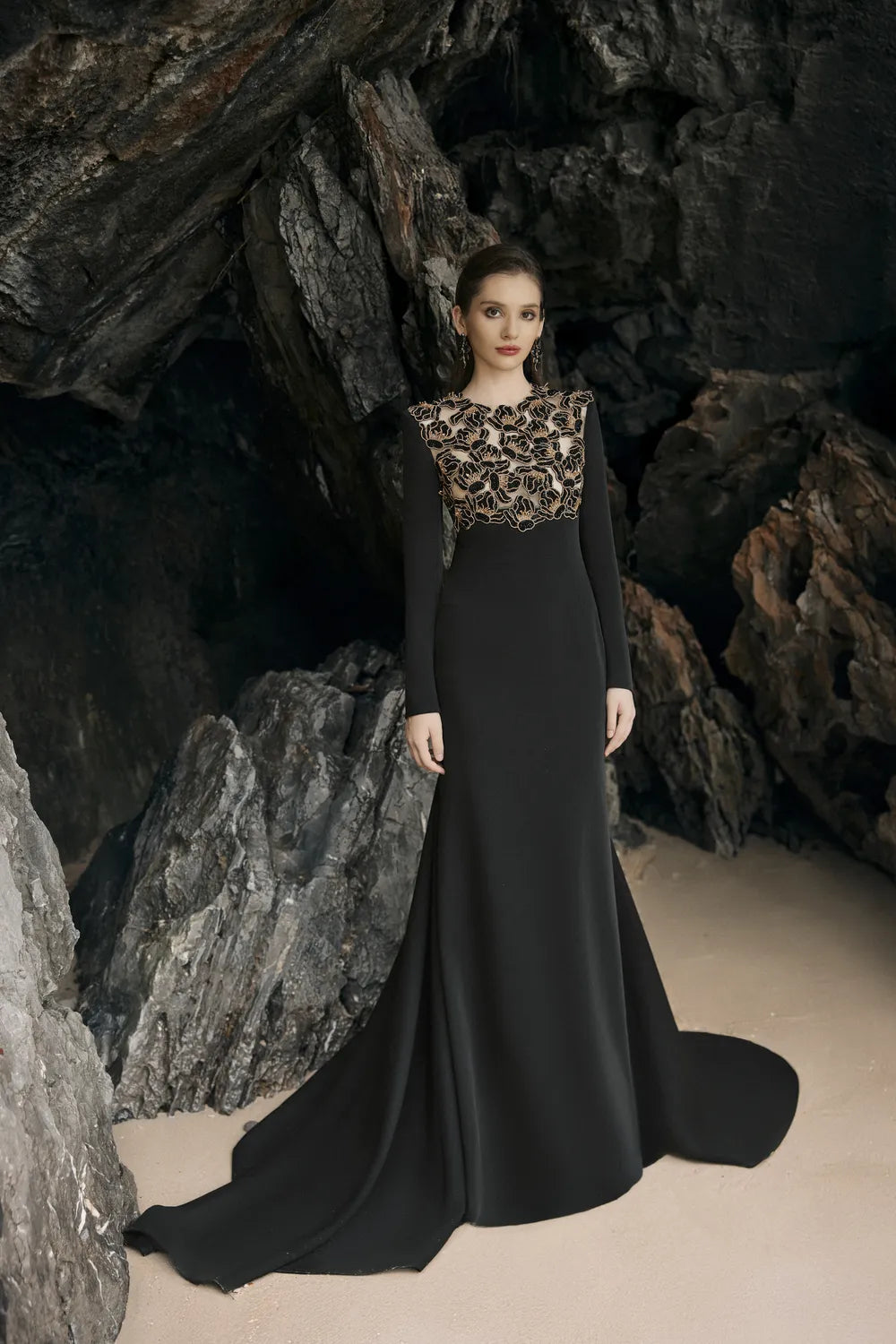 Round Neck Floral Embellished High Low Dress