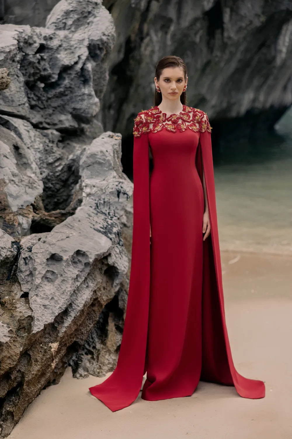 Long Sleeves Cape Floral Embellished Dress