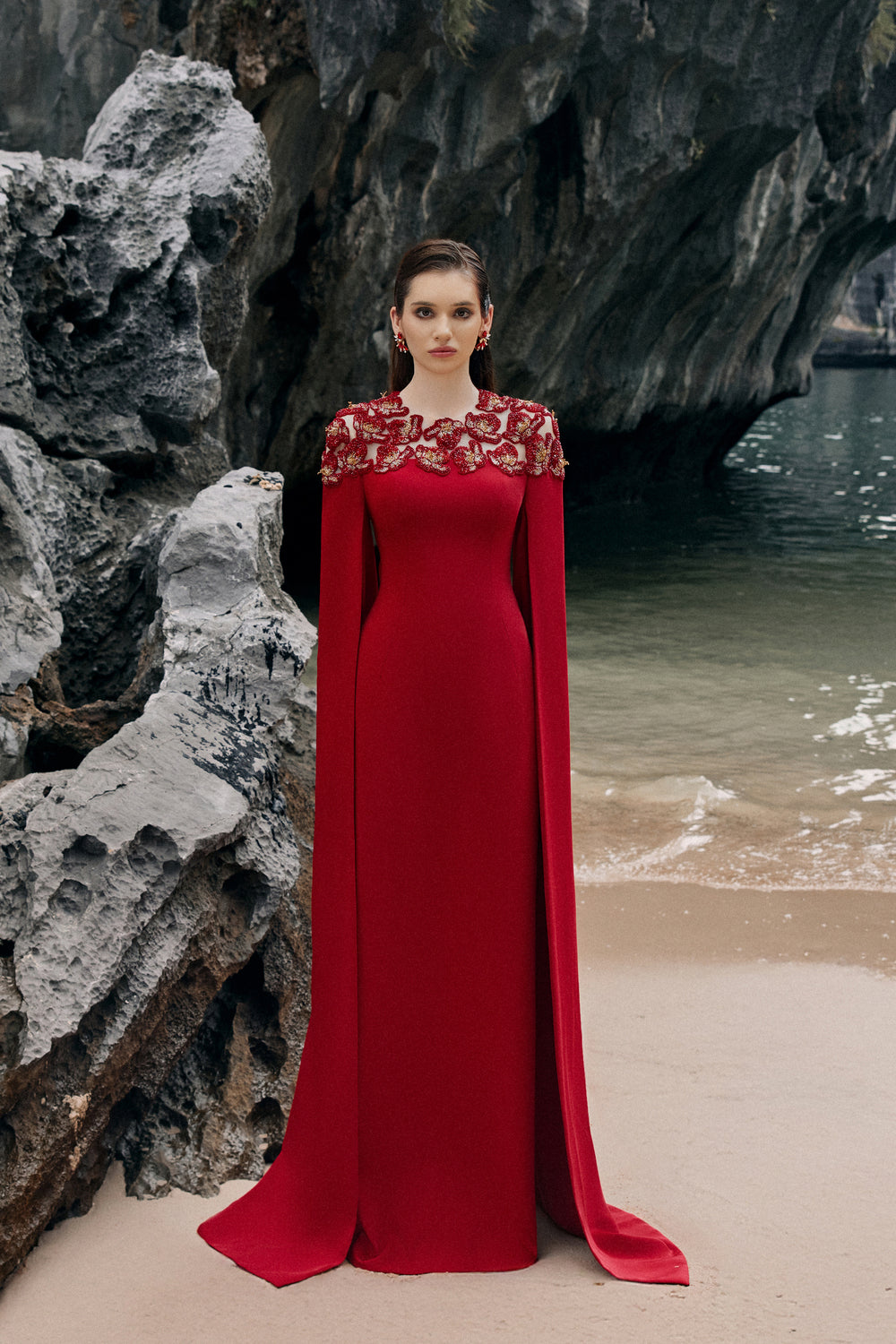 Long Sleeves Cape Floral Embellished Dress