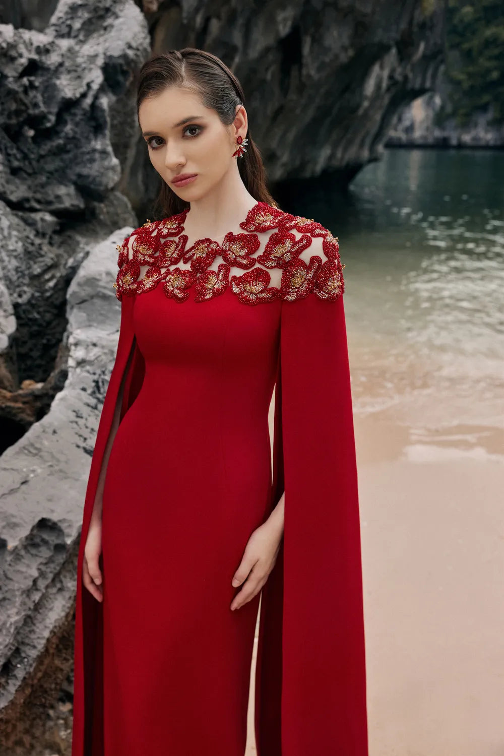 Long Sleeves Cape Floral Embellished Dress