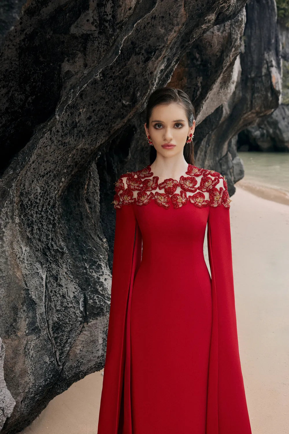 Long Sleeves Cape Floral Embellished Dress