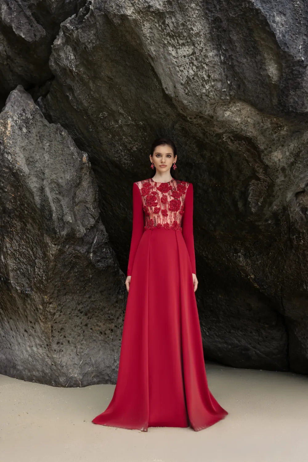 Long Sleeves Floral Embellished A-Line Dress LUNE DE SOIE Long Sleeves Floral Embellished A-Line Dress LUNE DE SOIE