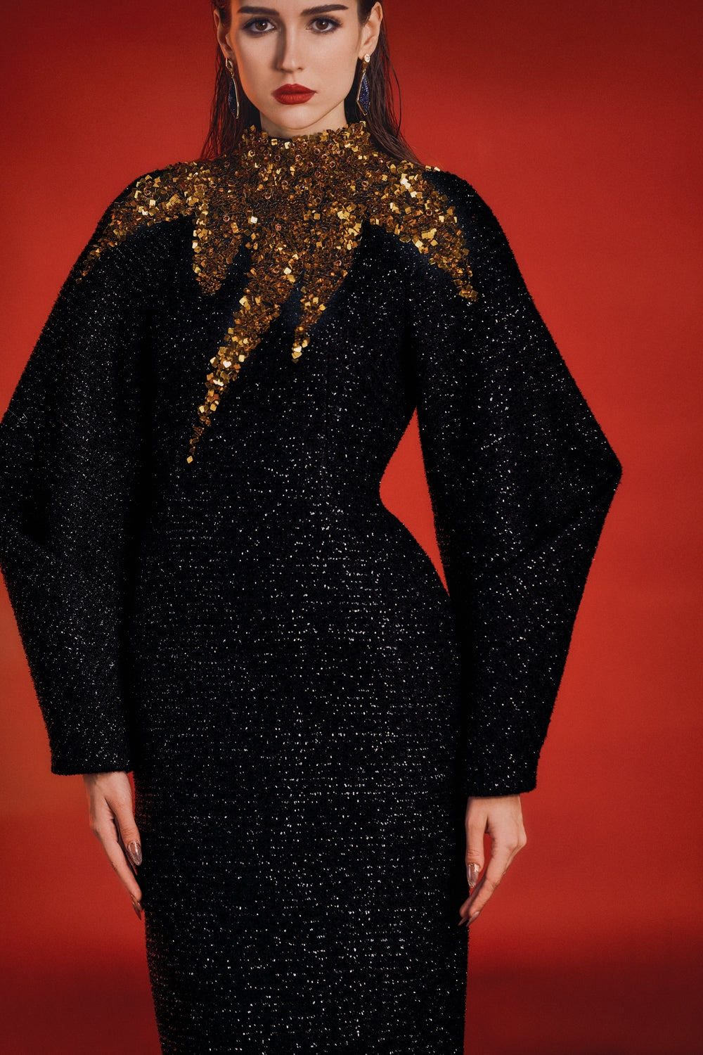High Neck Fluffy Sleeve Dress