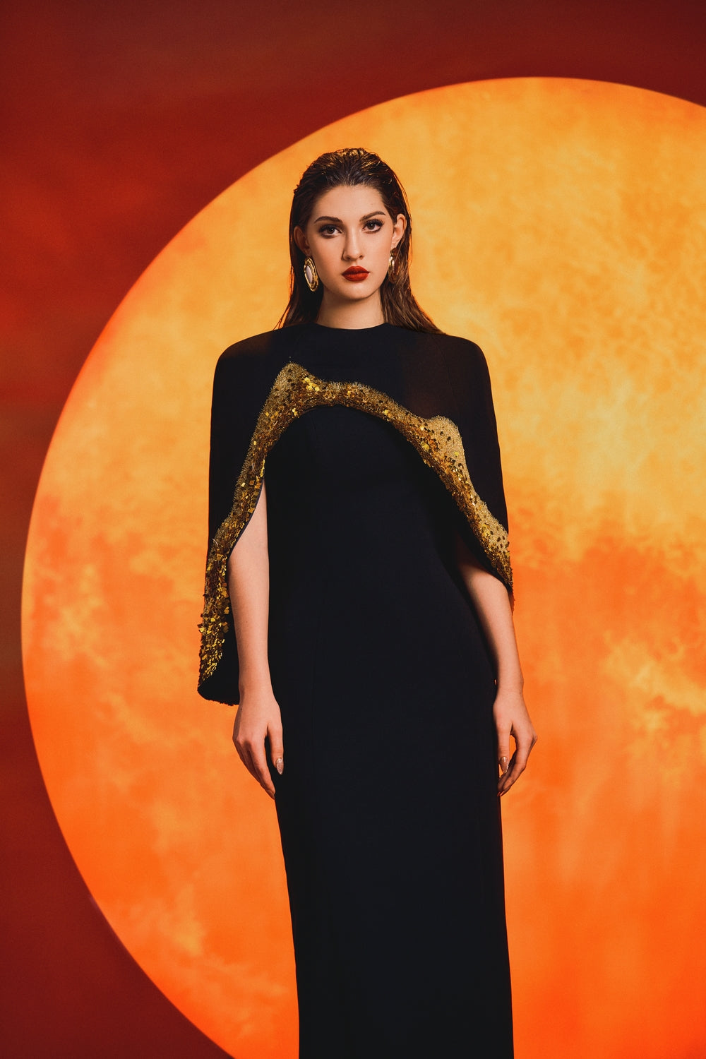 Asymmetric Long Back Flap Cape With Straight Dress Set