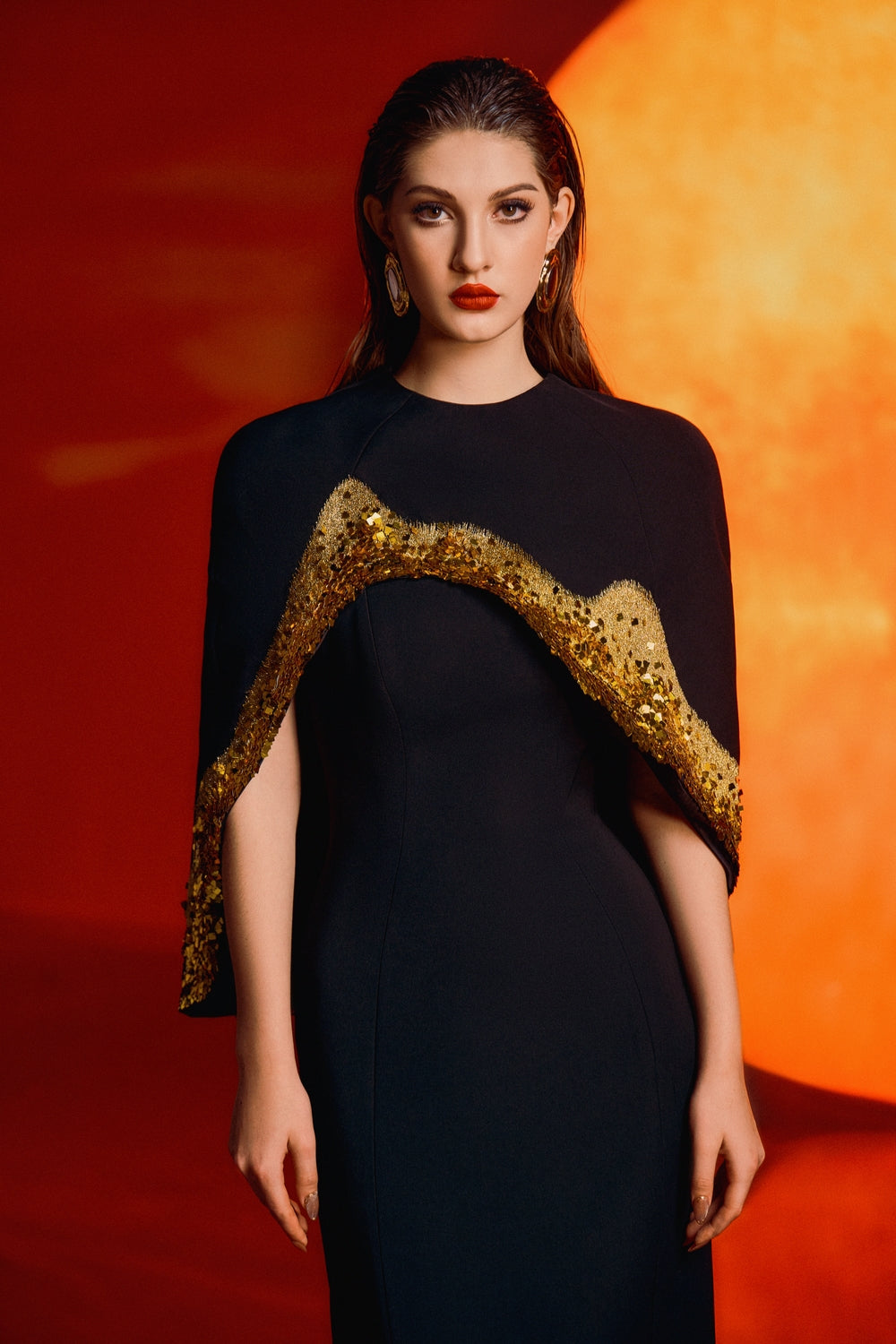 Asymmetric Long Back Flap Cape With Straight Dress Set