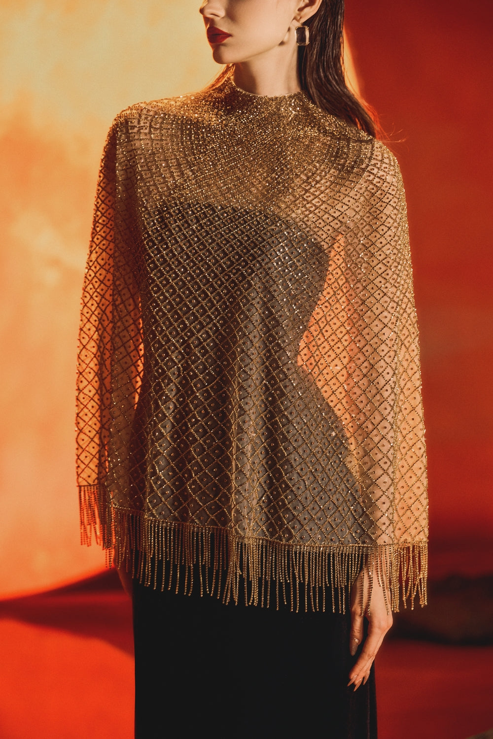 Fishnet Cape See Through Cape Strapless Dress Set