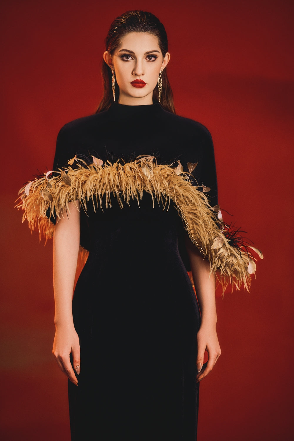 Curved Feather Short Cape With Strapless Dress Set