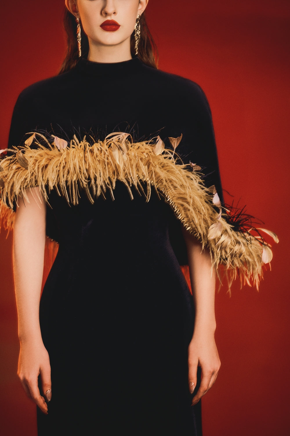 Curved Feather Short Cape With Strapless Dress Set