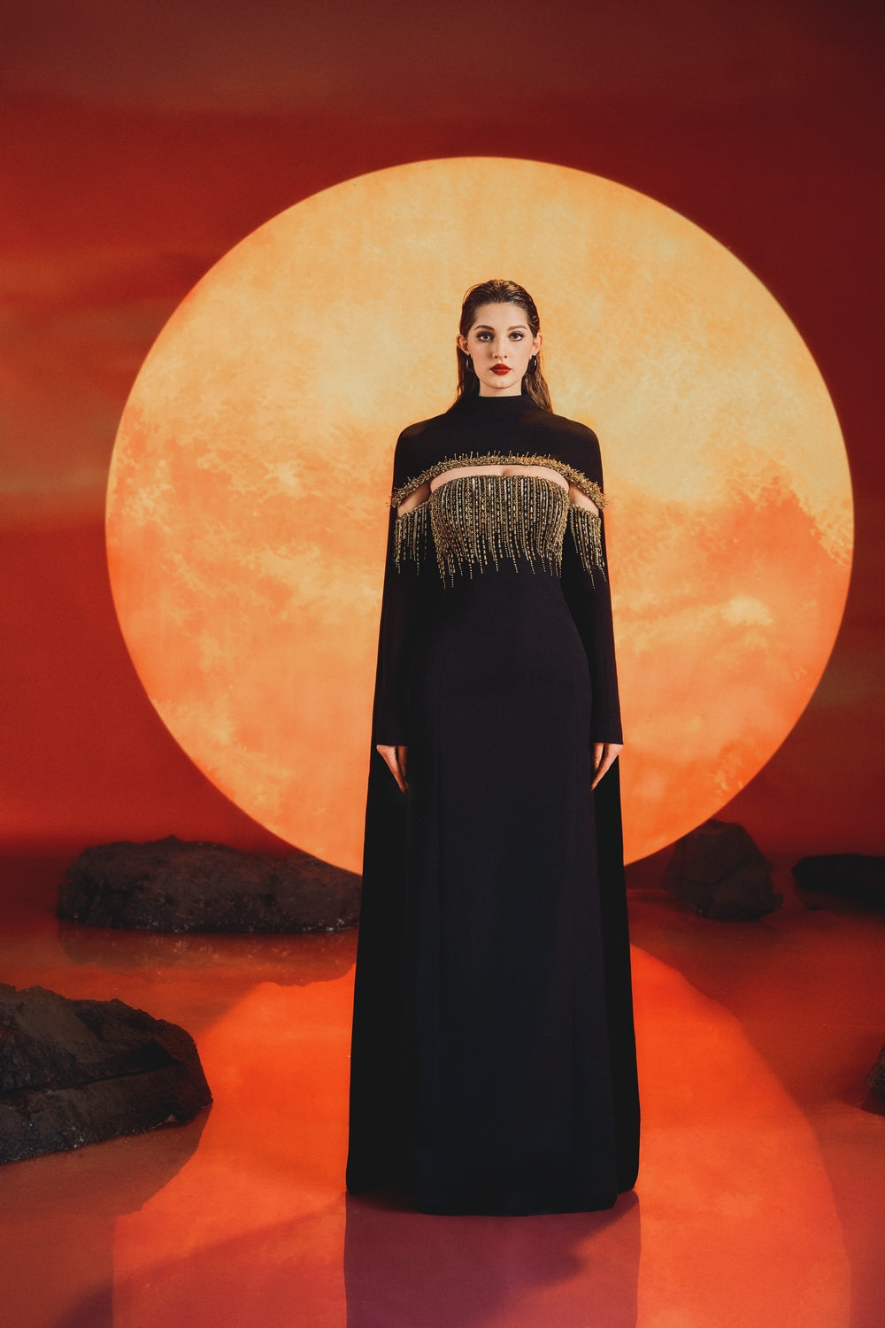 Long Back Curved Cape With Off-Shoulder Long Sleeve Dress Set